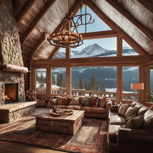 Cozy cabin house, interior design, wooden walls, stone fireplace, rustic chandelier, comfortable couch, plaid blanket, vintage rug, wooden coffee table, natural light, large windows, mountain view, sn