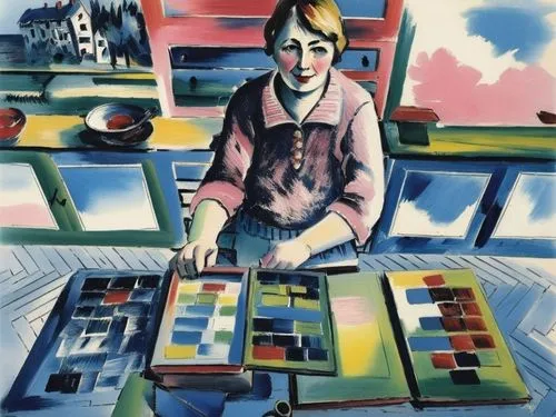 a painting shows a woman holding a palette with color samples on it,girl at the computer,woman at cafe,man with a computer,girl studying,woman playing,girl in the kitchen
