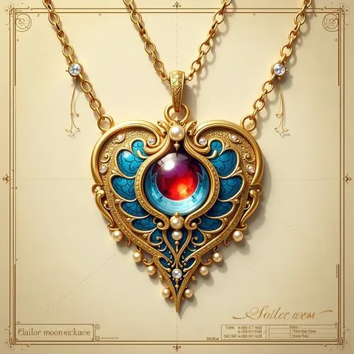 A gold and blue gemstone necklace with eyes, digital painting in the style of Sailor Moon. The pendant is adorned with pearls and diamonds. It has an elegant design with swirling patterns that resembl