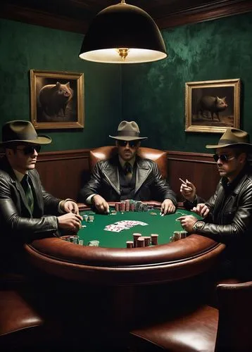 Pigs, playing poker, Texas Hold'em, green felt table, dimly lit room, cigar smoke, whiskey glasses, gold coins, cards dealt face down, serious expressions, sunglasses, fedora hats, leather jackets, ci