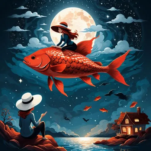 A detailed digital illustration of a great red fish in the night sky. The focal point is the large brown scales of the fish, with the human hand on the roof and the woman who wears a white hat sitting