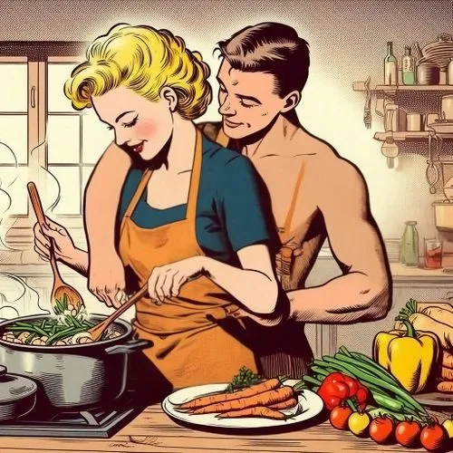 un delantal de cocina,retro 1950's clip art,domestic,cooking book cover,domestic life,sauté pan,fondue,grainau,men chef,food and cooking,as a couple,home cooking,vintage illustration,dinner for two,co