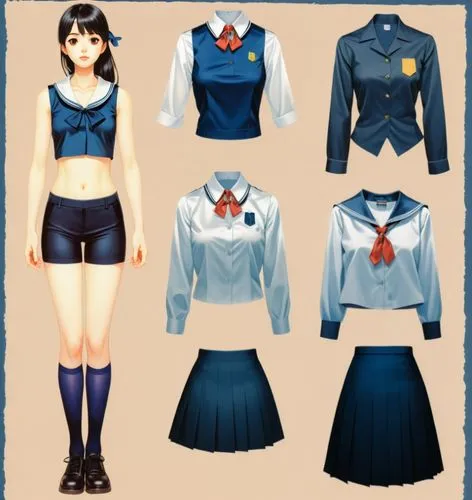 Paper doll Japanese school girl in black sleeveless shirt ,black tight fit spandex shorts with black sock and shoe standing surrounded by with a set of Japanese school uniform, sailor collar shirt, bl