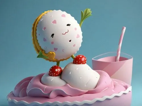 side view,an object is on the surface with a straw and a cup,deco bunny,snowman marshmallow,food styling,radish,snow cherry,marshmallow art,straw doll,hello kitty,strawberry ice cream,currant shake,go