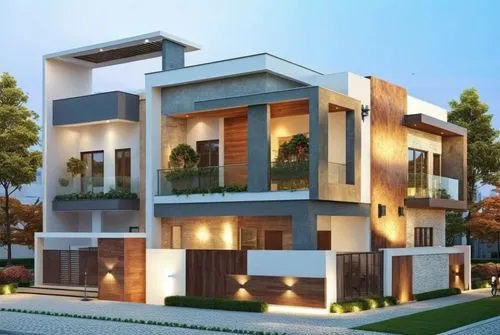 modern elevation,a home exterior is shown with multiple balconies,modern house,residential house,modern architecture,new housing development,smart house,two story house,exterior decoration,residential