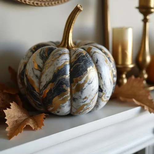 A sophisticated pumpkin painted in elegant marble patterns, combining swirls of black, white, and gold. It sits on a mantle with gold candle holders and dried leaves, reflecting a chic, modern aesthet