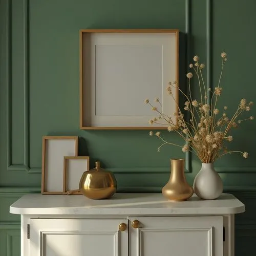 home staging, elegant decoration on shelve gold and green,zoom,three small vases with plants are on a white table,credenza,dressing table,sideboard,washstand,enfilade,gold foil corner,gold lacquer,dre