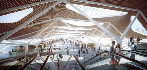 Flughafen,a lobby with several escalators and people,hammerson,masdar,suvarnabhumi,esteqlal,renderings,klia,euroairport,zeil,dulles,concourses