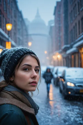 cinematic film still dult girl, (close shot), snow treading, rain dripping, fog filling, . shallow depth of field, vignette, highly detailed, high budget, bokeh, cinemascope, moody, epic, gorgeous, fi