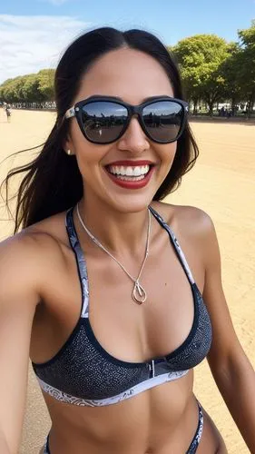 a woman wearing sunglasses taking a selfie on the beach,beach background,aliyah,sunglasses,abs,sun glasses,beach sports,beach volleyball,fitness model,beach toy,sand seamless,fitness coach,summer back