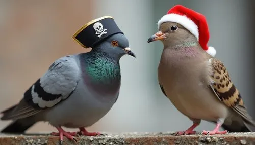 A pigeon and a sparrow. The pigeon is on the left side of the frame, wear a pirate hat. The sparrow is on the right side of the frame, wear a santa hat.,A pigeon and a sparrow. The pigeon is on the le