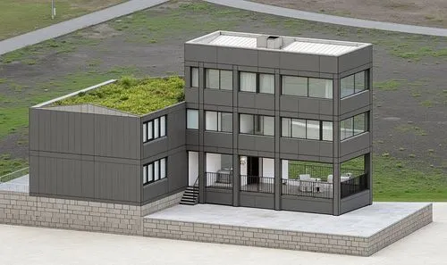amplia la puerta de acceso peatonal a 2.5m y cambia el material a cristal, además agrega vegetación al acceso de manera paisajista,an aerial view of a house with a green roof,modern house,modern build