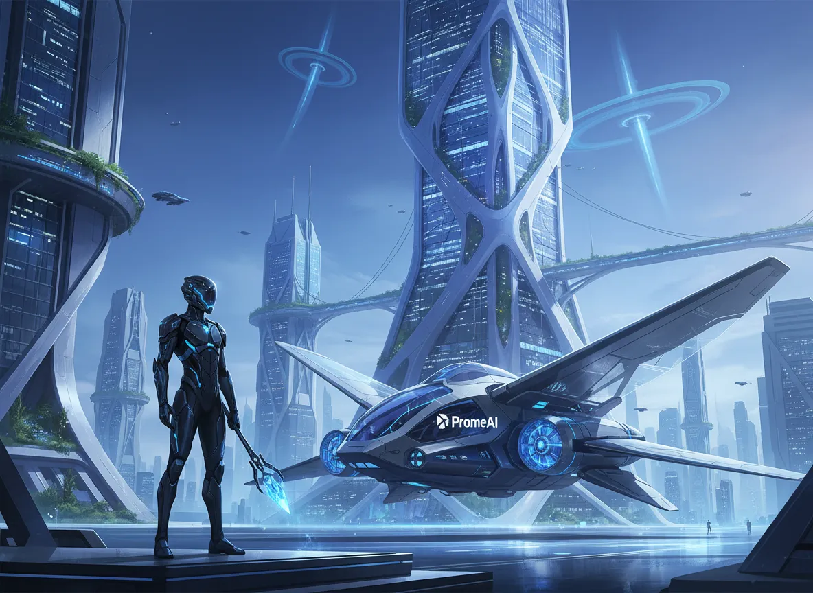 PromeAI के साथ भविष्य की दुनिया के निर्माण का एक उदाहरण, जिसमें एक चरित्र, एक वाहन और एक इमारत सभी एक ही सुसंगत कला शैली में दिखाए गए हैं।