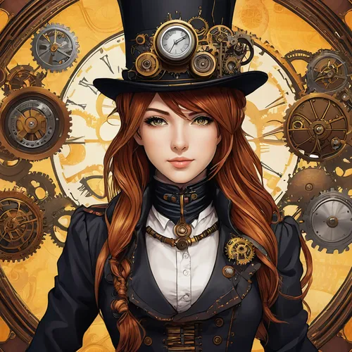 Compose an anime pfp with a steampunk aesthetic and mechanical enhancements,steampunk,clockmaker,steampunk gears,watchmaker,clockwork,pocket watch,hatter,victorian lady,ornate pocket watch,ladies pock