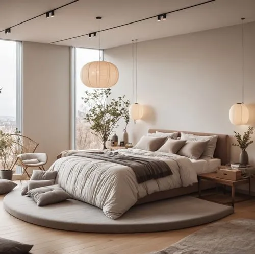 Interior design,large modern bedroom with white walls and a large bed with a wooden frame,modern room,modern minimalist lounge,soft furniture,anastassiades,modern decor,loft,Photography,General,Realis