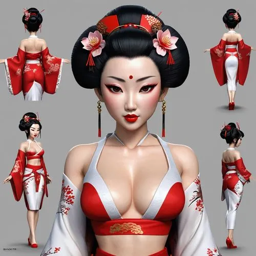 Create only high resolution, pixar 3d, 4k, character sheet style images like a paper doll, A pose. She must be wearing a white and red lace strap bra and sexy  delta wing thong, and show her entire bo
