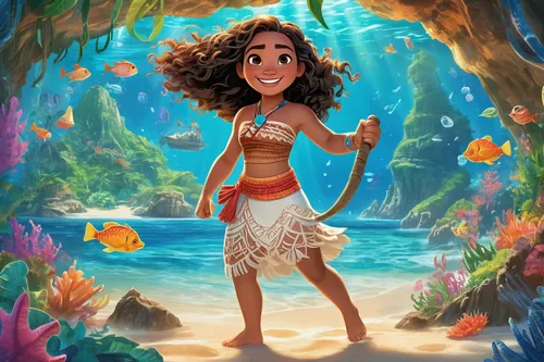 Imagine Moana exploring a mysterious underwater cave on her journey, encountering enchanted sea creatures.,moana,polynesian girl,hula,tiana,polynesian,underwater background,jasmine,mermaid background,