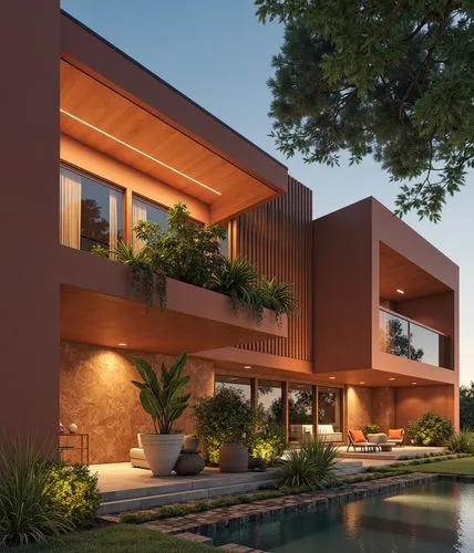 A modern tropical villa with earthy terracotta tones, lush greenery, large glass windows, wooden accents, a private swimming pool, and warm ambient lighting, creating a serene and sophisticated outdoo