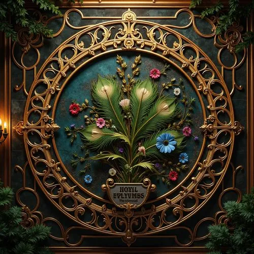 Intricate Art Nouveau design, ornate metalwork, flowing curvilinear lines, organic forms, botanical motifs, sinuous tendrils, stylized flowers, peacock feathers, iridescent colors, shimmering jewel to