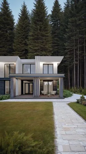 realistic surroundings of the architecture of a residential building. Stone paths lead to the entrance to the house, coniferous trees in the background, plants, shrubs. Blue sky ,3d rendering,modern h