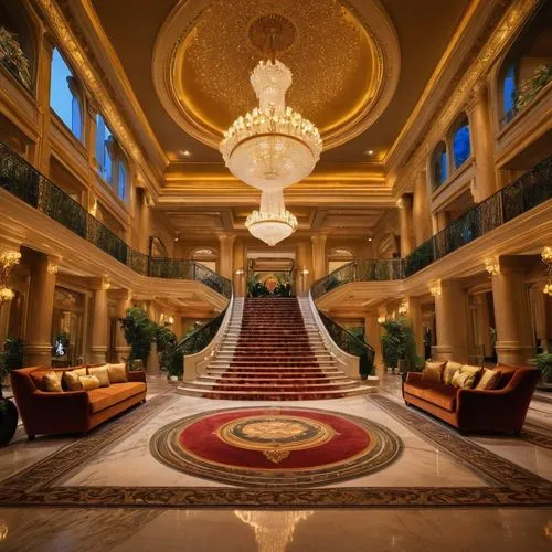 Luxurious Bellagio hotel, interior design, grand staircase, crystal chandelier, marble floor, velvet sofas, golden decorations, intricate moldings, flower arrangements, lavish furnishings, ornate mirr
