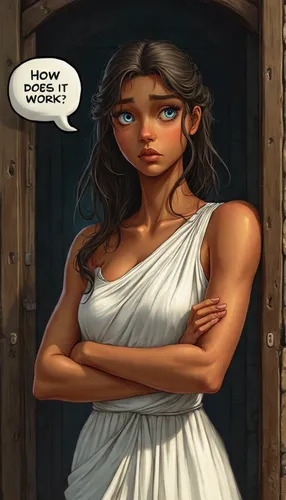 a cartoon girl with her arms crossed wearing white,hypatia,katara,eponine,casca,rahab,togas,iphigenia,inanna,kateri,lesbia,thyatira,kahlan,andromache,arundhati,annabeth,lwd,carstairs,esmeralda,innkeep
