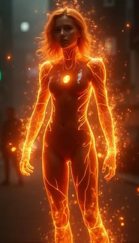 Super realistic high definition female version of the Marvel Human Torch character,a woman is shown with bright glowing lines,flamebird,firestar,starfire,firestorm,fiery,metahuman
