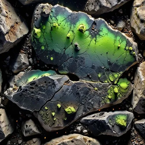 roccia spaccata , lavorata e levigata di colore nero, con all'interno minerali fluorescenti,this is a close up of rocks with green moss on them,solidified lava,olivine,chlorophyll,tektite,sulphides,la