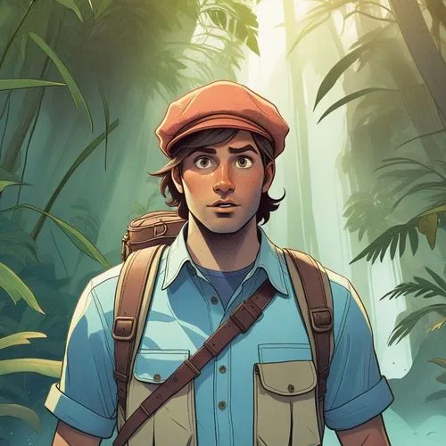 the boy is wearing a hat and holding his backpack,paleontologist,monkey island,forest workers,palaeontologist,farmer in the woods,safari,zookeeper,zoologist,hiker,fieldsmen,biologist,explorers,archeol