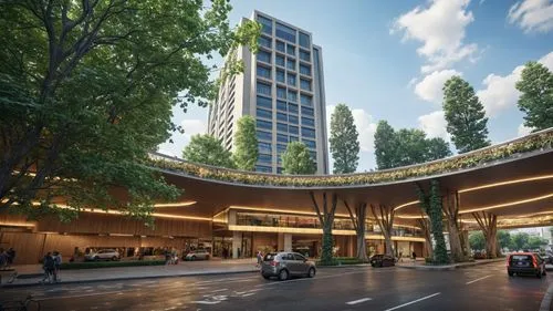 a circular building with many trees and other buildings,redevelop,hotel complex,residential tower,underground garage,urban design,oval forum,penthouses,futuristic architecture,urban towers,hotel rivie