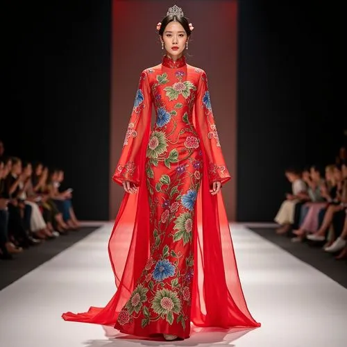 2023 runway haute collection, full length a supermodel, wearing embroidered Chinese dress, Heaven Gaia style, fashion design sense, exquisite elegance, runway seats in the background
,a woman walks th