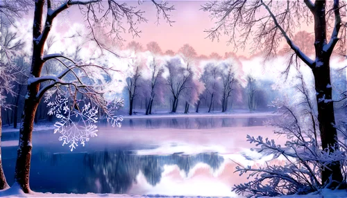 Winter scenery, snowflakes gently falling, frozen lake, snow-covered trees, misty atmosphere, warm lighting, close-up shot, frosty windowpane, icy blue tone, 3/4 composition, shallow depth of field, s