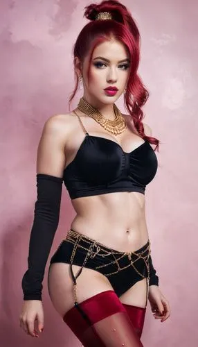 Garota 20 anos cabelo vermelho sangue rabo de cavalo amarrado para cima, olhos claro, lábios Carnudos rosa, Seios grandes, usando meia de braço vermelho escuro com cristais de diamantes, barriga sarad