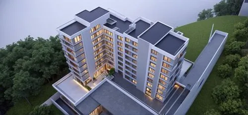 More photorealistic, blender render, vray rendering, Realistic, Residential building ,a large white building sitting on top of a lush green hillside,residential tower,sky apartment,high rise building,