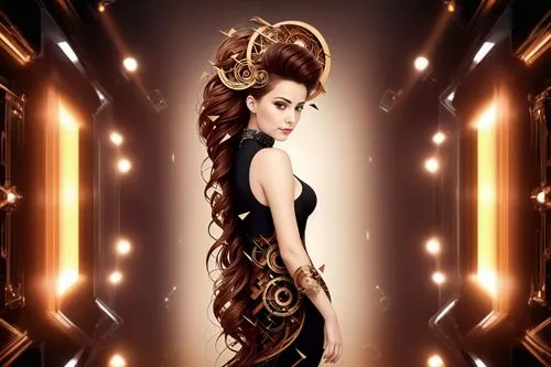 Футуристический фон,a beautiful young woman with long red hair,hairpiece,hairpieces,art deco woman,art deco background,fashion vector,edit icon,gold foil mermaid,headpiece,hairdressing salon,portrait 