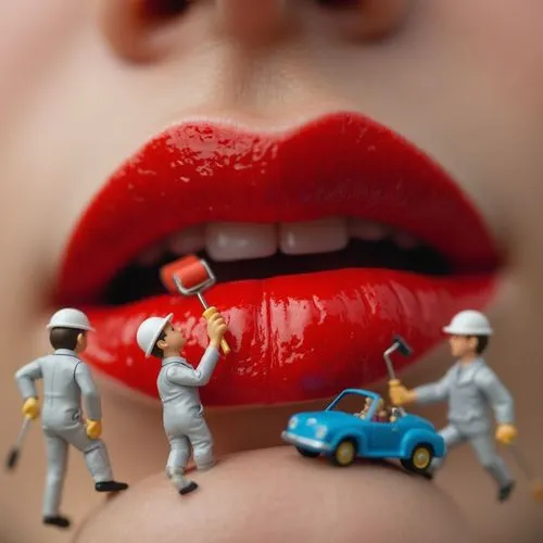 Macro photograph of a pair of glossy red  lips being painted by miniature construction workers, the workers are dressed in white overalls and hard hats, some using paint rollers and brushes, others op
