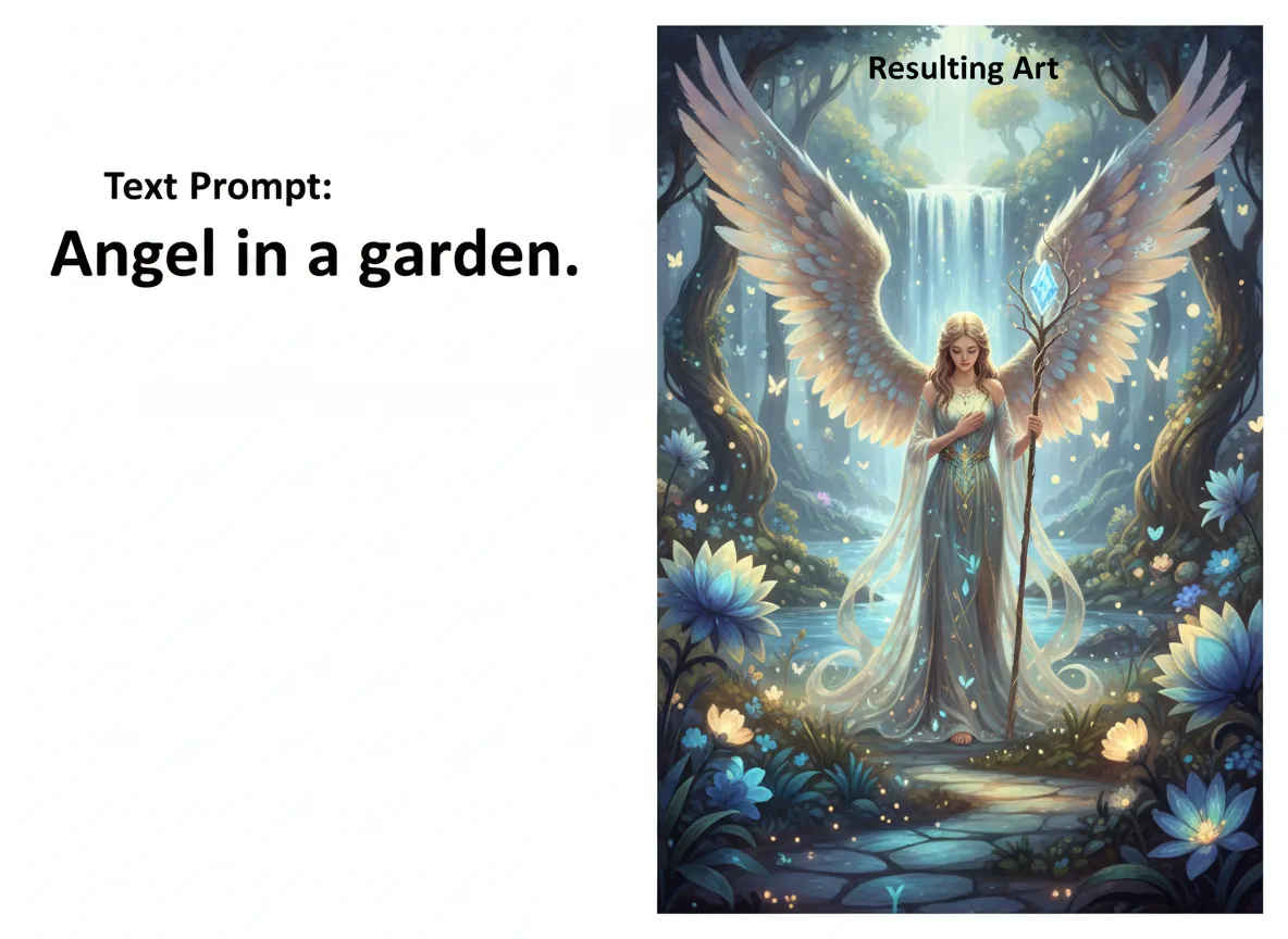 एक साधारण टेक्स्ट प्रॉम्प्ट और उसके परिणामस्वरूप एक बगीचे में देवदूत की विस्तृत स्वर्गीय डिजिटल कला को दिखाने वाली साथ-साथ तुलना।