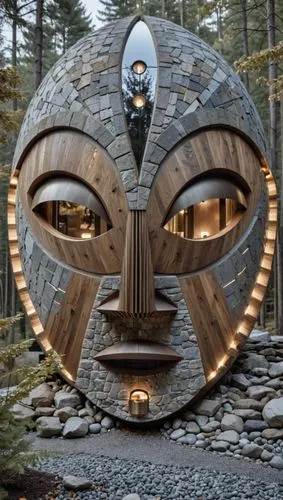 a house in the shape of a stone face,sculpture park,public art,steel sculpture,garden sculpture,totem,toroid,stone sculpture,hubcap,mother earth statue,totemic,fountain head,wood art,wigwam,totem anim