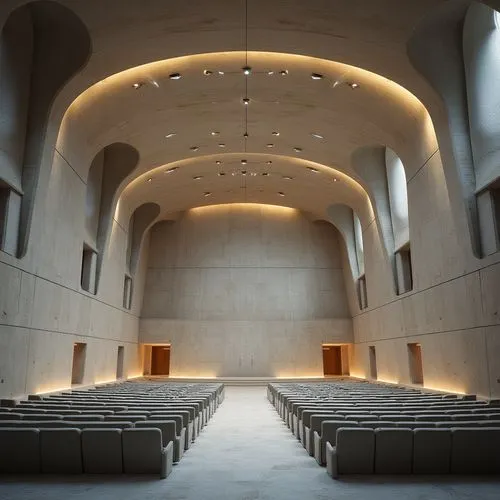 Limestone walls, Blobitecture design, futuristic auditorium, grand high ceiling, curved lines, smooth texture, sleek lighting, minimalist interior, modern seating arrangement, scattered spotlights, po