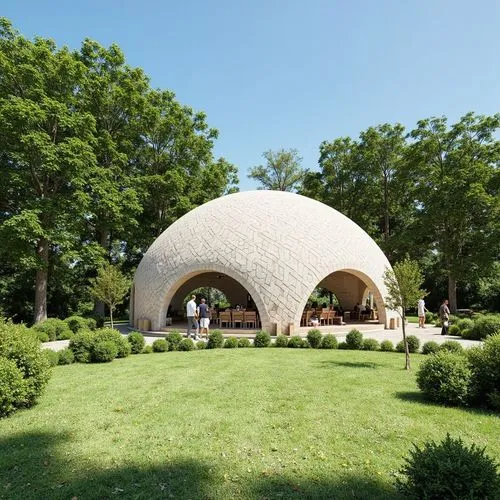 1. Forma general del domo:

Estructura semi ovalada con textura entrelazada en patrón de trenzado, hecha de concreto tipo concreto impreso en 3D. 100 mts2. máx. 10 metros de altura

El entorno es un p
