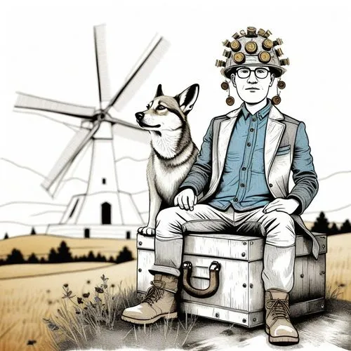 the illustration depicts a man with a dog sitting in front of a windmill,boy and dog,farmer,farming,agrarian,dairyman,hayseed