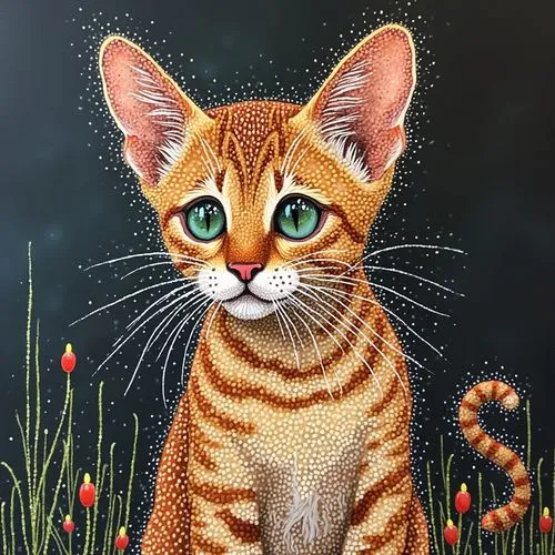 A pointillism style painting of a bengal cat,a painting of a cat sitting down in the grass,orange tabby cat,pet portrait,orange tabby,cat portrait,flower cat,bengal cat