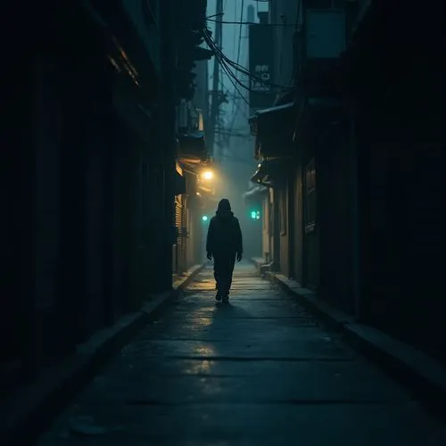 A scene of someone walking alone through a dark city alley with lo-fi music evokes a lonely yet calm feeling. The contrast between shadows and light under streetlights can be expressed softly to add t