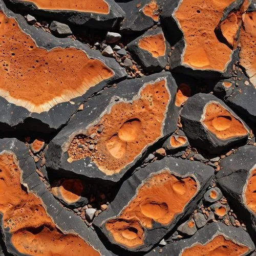 roccia spaccata nera con all'interno minerali preziosi arancione ,a close up of rocks with dirt growing on it,solidified lava,porphyritic,petrographic,igneous,volcanism,lava river,terracotta tiles,iro