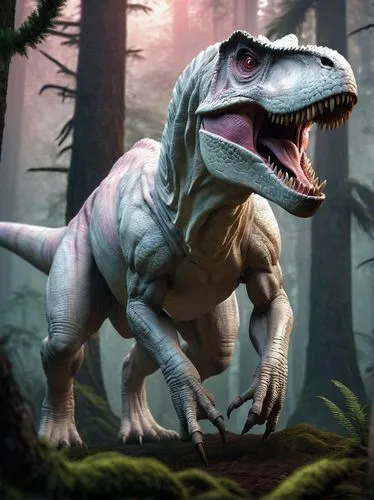 Albino Tyrannosaurus Rex, standing, powerful legs, sharp claws, white skin, pink eyes, razor-sharp teeth, fierce facial expression, muscular body, prehistoric era, Jurassic period, dense forest, giant