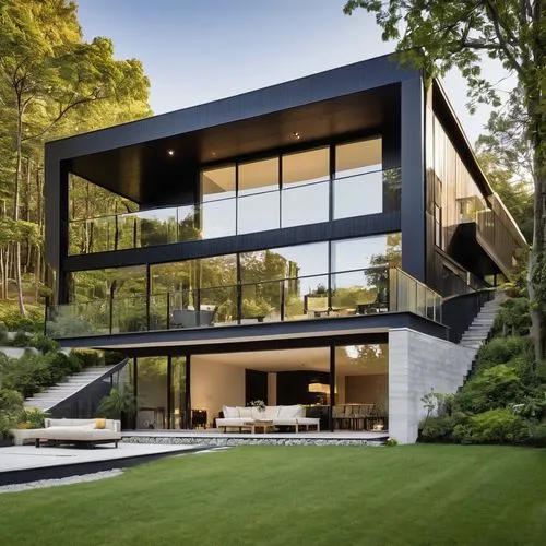 "Una casa contemporánea en un entorno natural, ubicada en una ladera inclinada rodeada de árboles altos. El diseño arquitectónico presenta líneas rectas y modernas, con tres niveles visibles. La facha