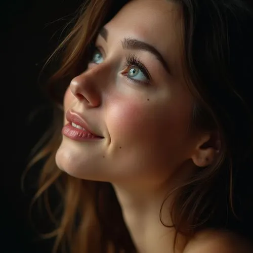 masterpiece, 8k, ultra high quality, enhanced shadows, beautiful 28 year old women, thicker nose, rounder face, big round grey eyes, slight smile, freckles,a woman with blue eyes has long dark hair,di