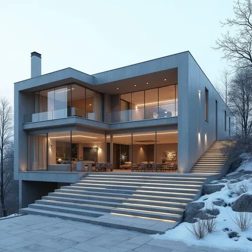 A hyper-realistic, high-resolution architectural photograph capturing a striking, multi-level contemporary home constructed primarily from smooth, exposed concrete. The design is characterized by dram