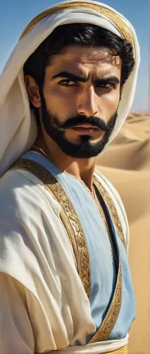 Middle Eastern, hairy Arab man, muscular build, strong jawline, thick eyebrows, short beard, mustache, messy black hair, white dishdasha, traditional clothing, golden accessories, intense gaze, standi