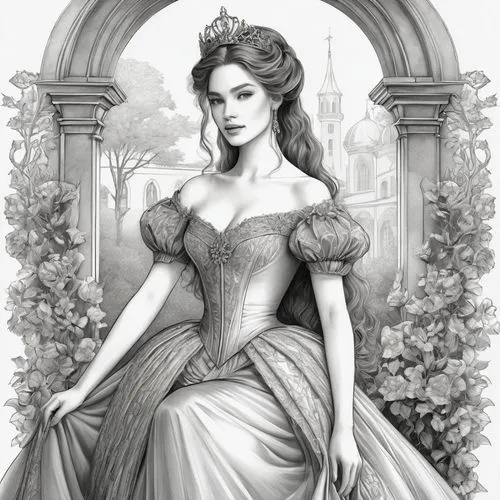 A highly detailed, realistic pencil or charcoal drawing on a white background, depicting an ethereal, regal young woman in a fantasy-inspired, fairy-tale setting, rendered with fine lines, cross-hatch